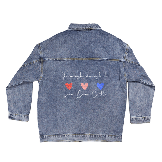 Custom “I Wear My Heart on My Back” Denim Jacket – Personalized Jean Jacket with Kids' Names & Hearts – Gift for Mom or Grandma