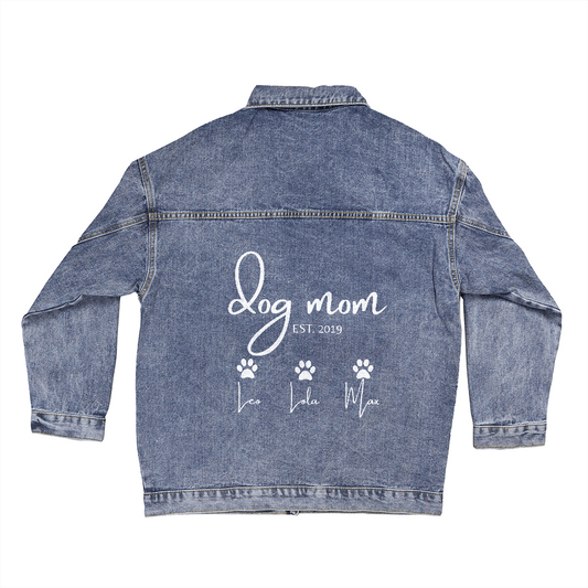 Dog Mom Denim Jacket – Custom Jean Jacket with Dog Names & Paw Prints – Personalized Pet Lover Gift – Est. Year Oversized Jacket