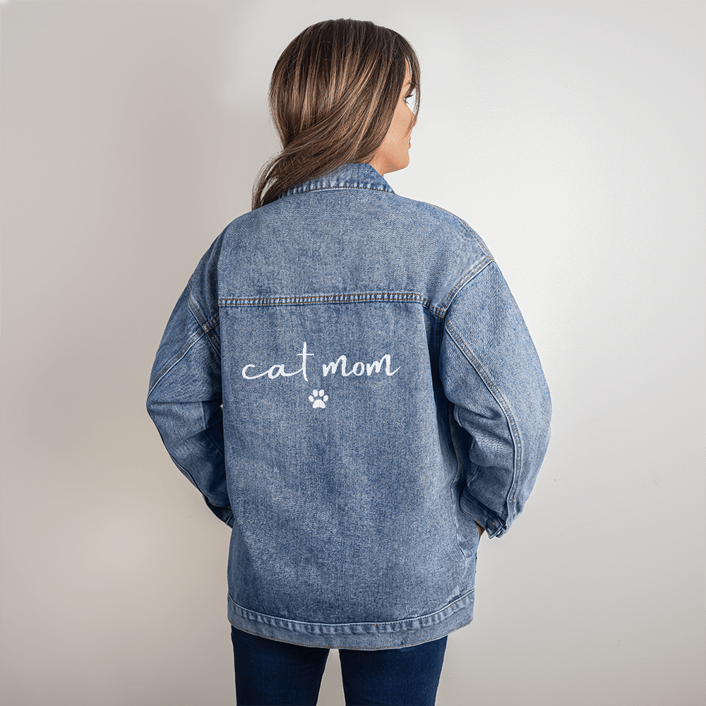 Cat Mom Denim Jacket – Minimalist Oversized Jean Jacket with Paw Print – Cat Lover Gift – Stylish Pet Mom Apparel for Women
