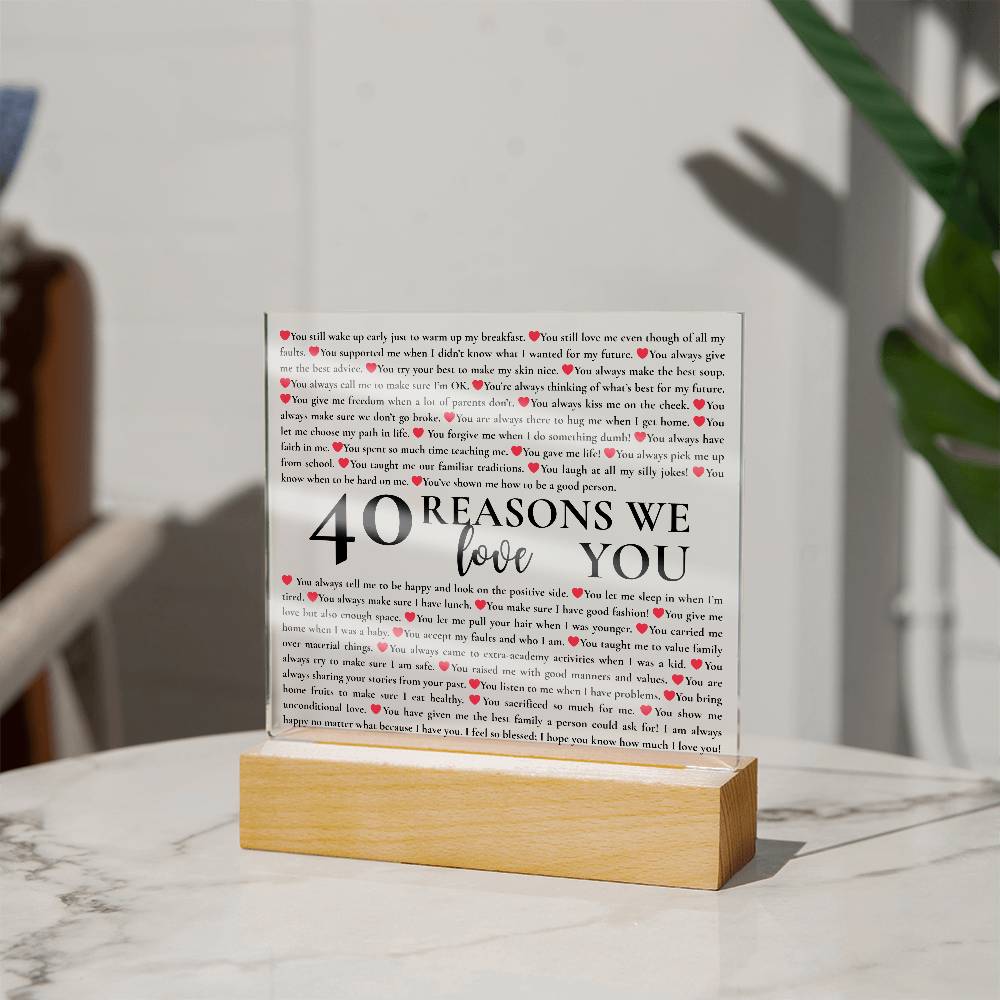 40 Reasons We Love You Personalized Acrylic Plaque – Custom Gift for Mom, Dad, Grandma, Birthday, Mother’s Day, Appreciation Keepsake