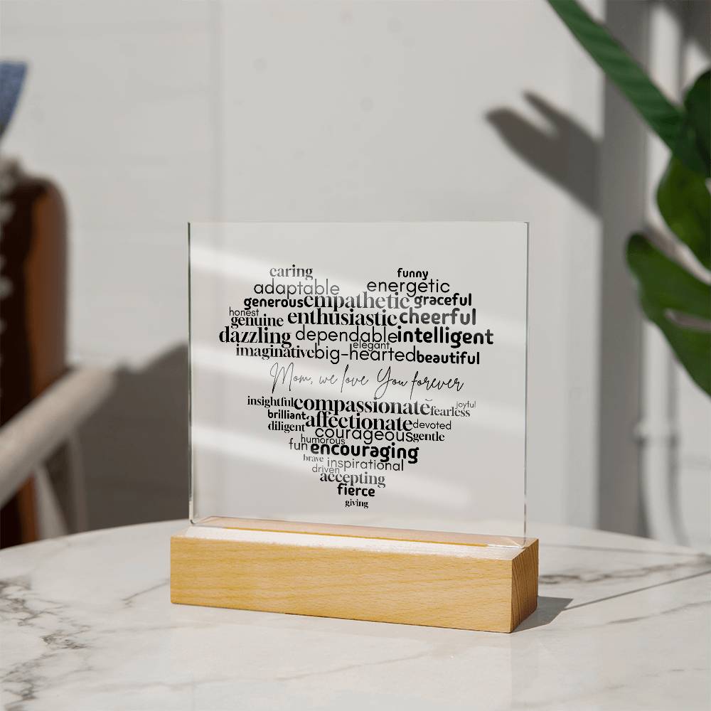 Personalized Mom Word Cloud Acrylic Plaque – Heart Shaped Gift with Loving Words, Mother's Day Gift, Mom Birthday Decor