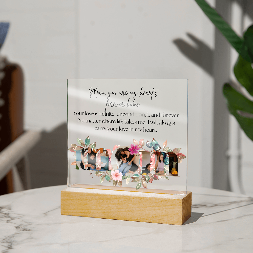 Personalized Mom Acrylic Plaque with Custom Photos | Floral Mother's Day Gift | Birthday Gift for Mom | LED Light Base Option