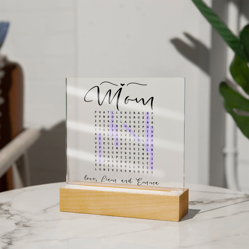 Personalized Mom Word Search LED Lamp – Custom Acrylic Light with Kids' Names – Unique Gift for Mother’s Day or Birthday