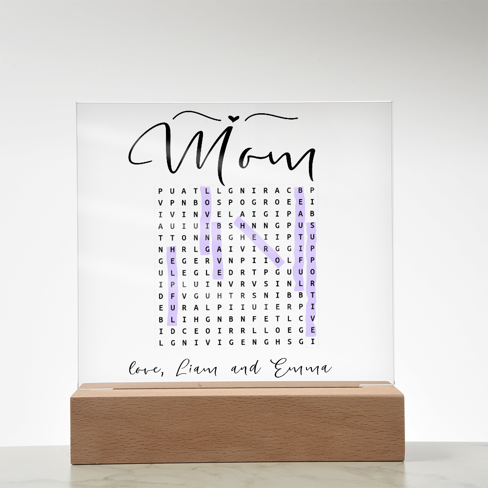 Personalized Mom Word Search LED Lamp – Custom Acrylic Light with Kids' Names – Unique Gift for Mother’s Day or Birthday