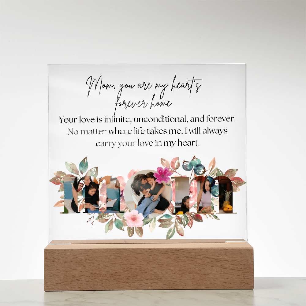 Personalized Mom Acrylic Plaque with Custom Photos | Floral Mother's Day Gift | Birthday Gift for Mom | LED Light Base Option