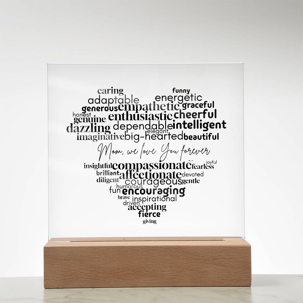 Personalized Mom Word Cloud Acrylic Plaque – Heart Shaped Gift with Loving Words, Mother's Day Gift, Mom Birthday Decor