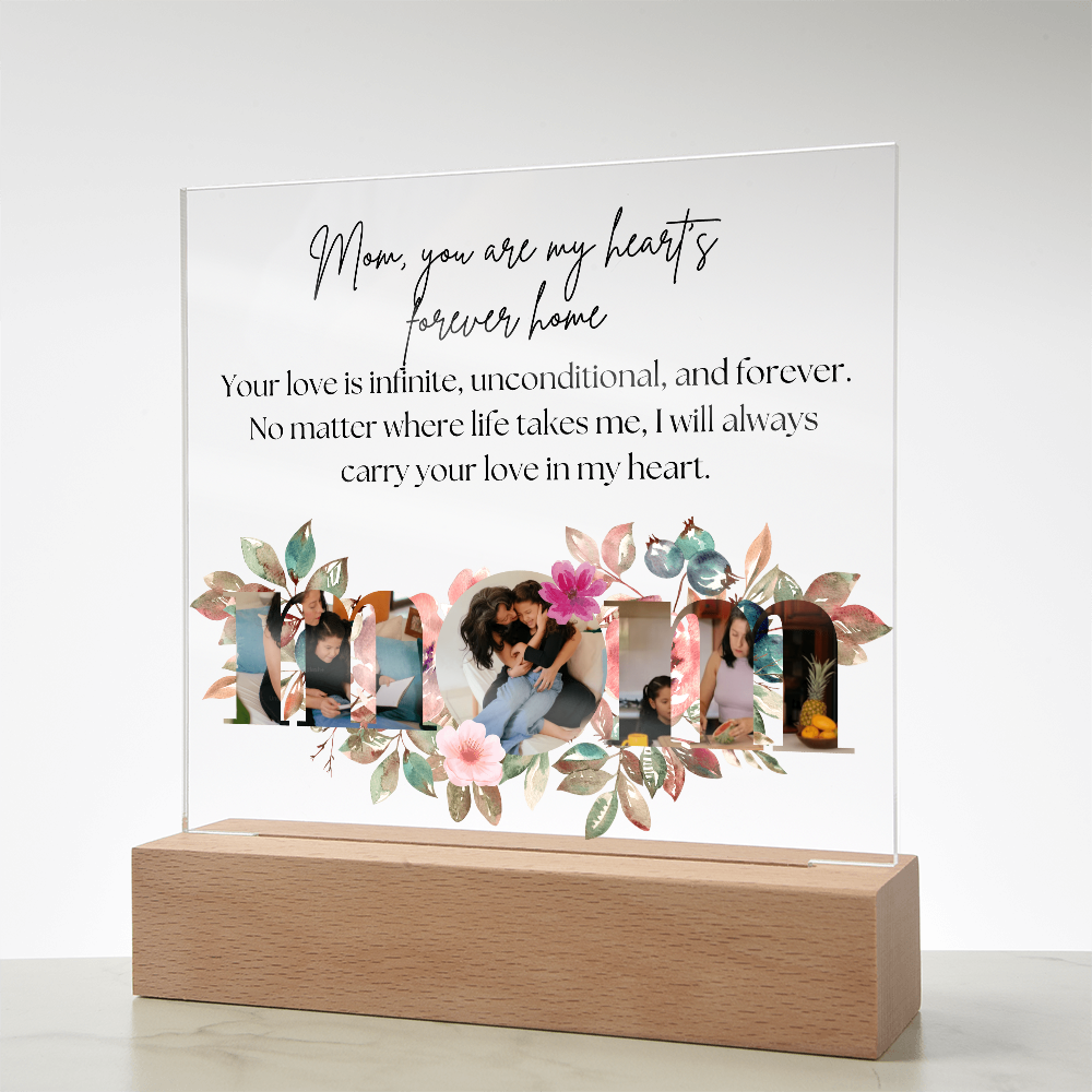 Personalized Mom Acrylic Plaque with Custom Photos | Floral Mother's Day Gift | Birthday Gift for Mom | LED Light Base Option