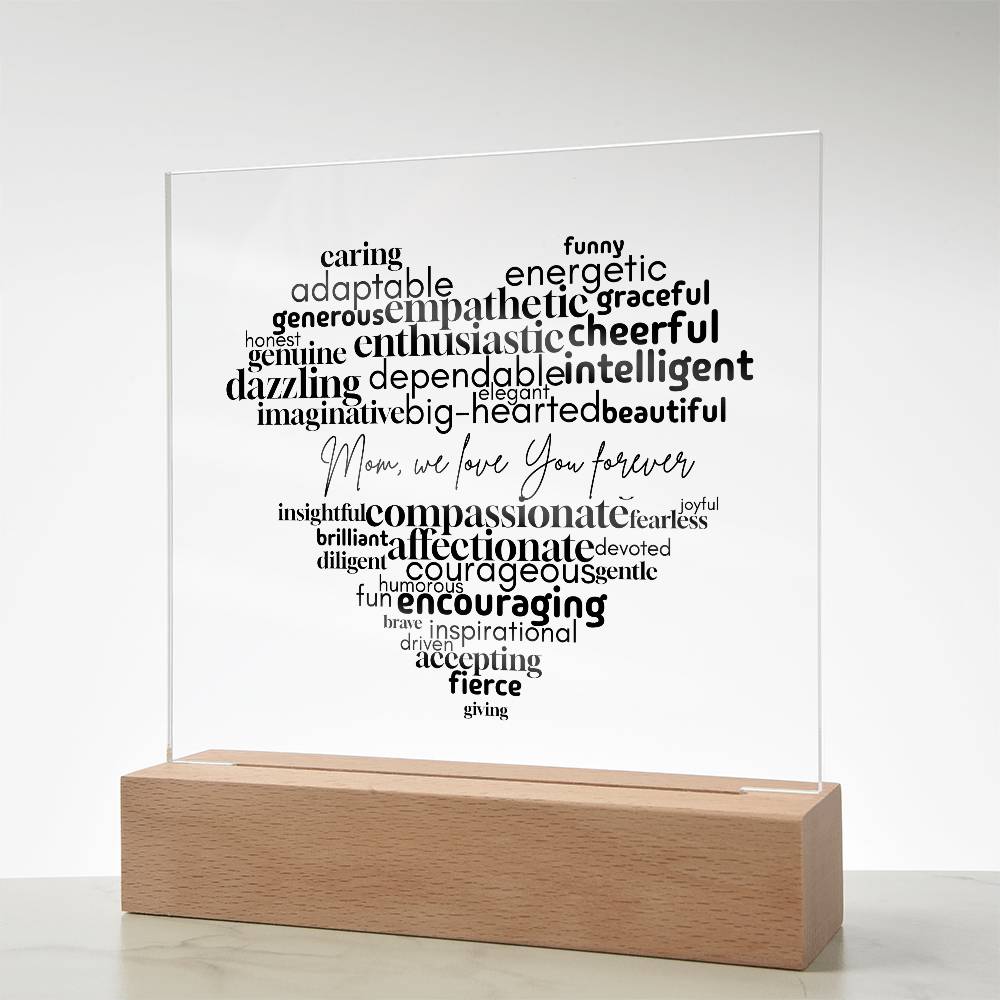 Personalized Mom Word Cloud Acrylic Plaque – Heart Shaped Gift with Loving Words, Mother's Day Gift, Mom Birthday Decor