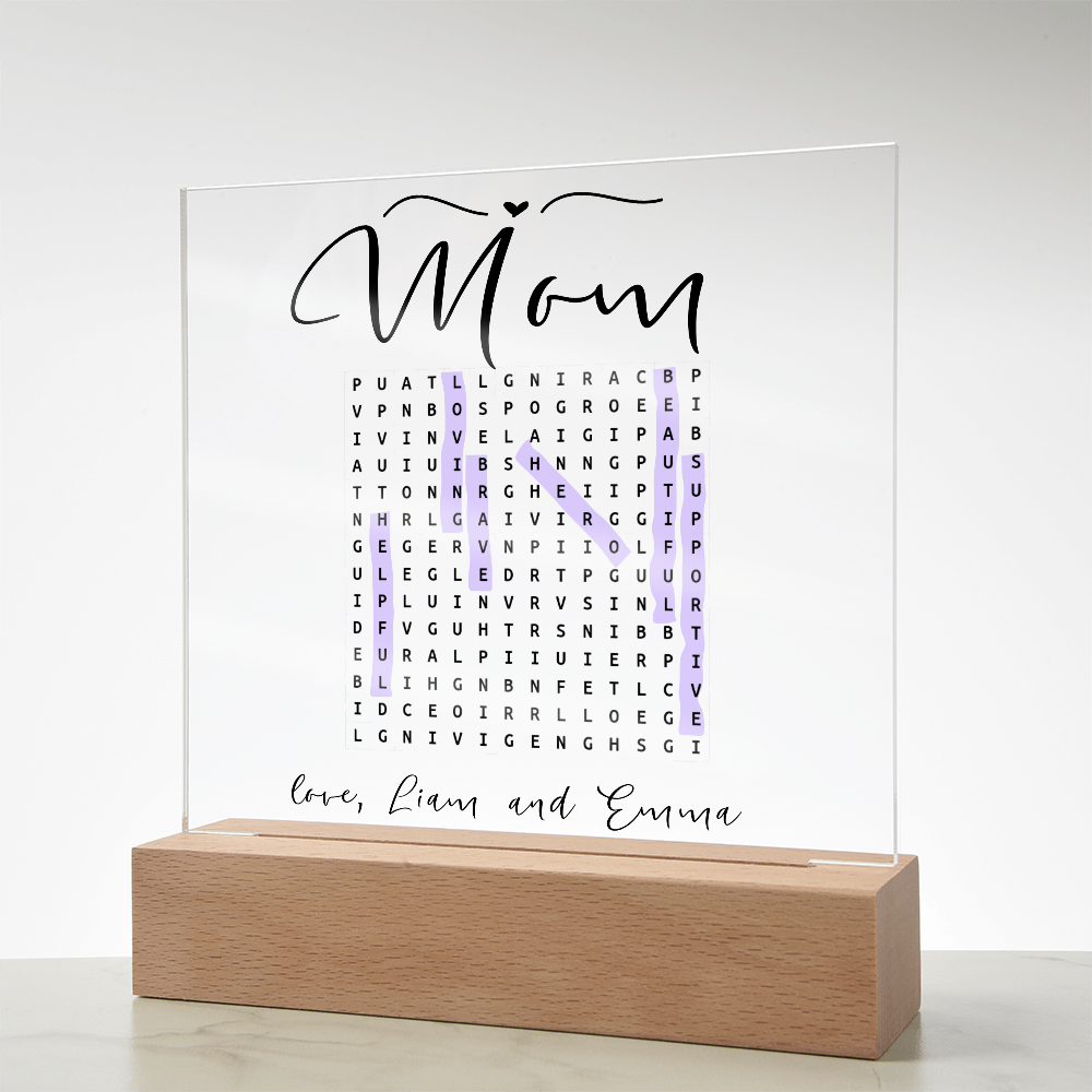 Personalized Mom Word Search LED Lamp – Custom Acrylic Light with Kids' Names – Unique Gift for Mother’s Day or Birthday