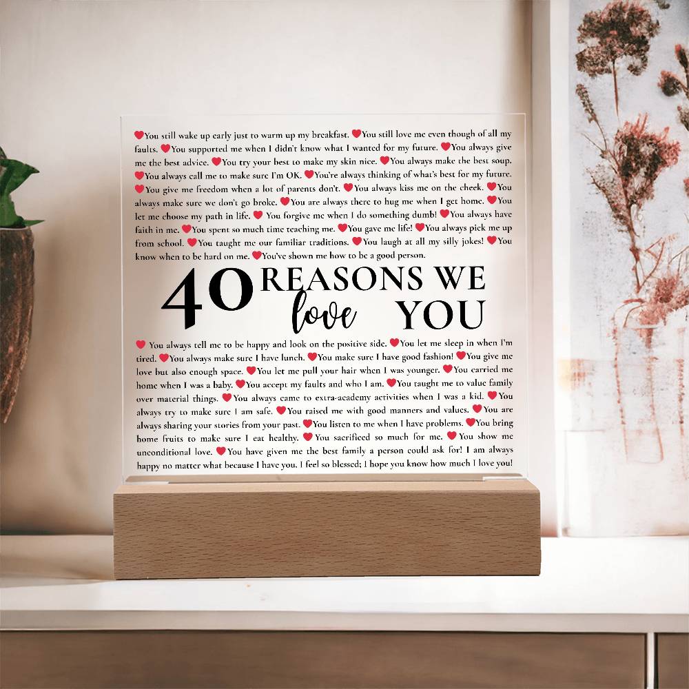 40 Reasons We Love You Personalized Acrylic Plaque – Custom Gift for Mom, Dad, Grandma, Birthday, Mother’s Day, Appreciation Keepsake