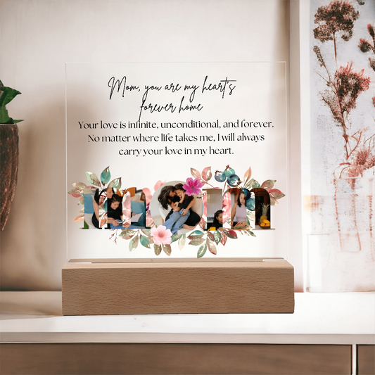 Personalized Mom Acrylic Plaque with Custom Photos | Floral Mother's Day Gift | Birthday Gift for Mom | LED Light Base Option