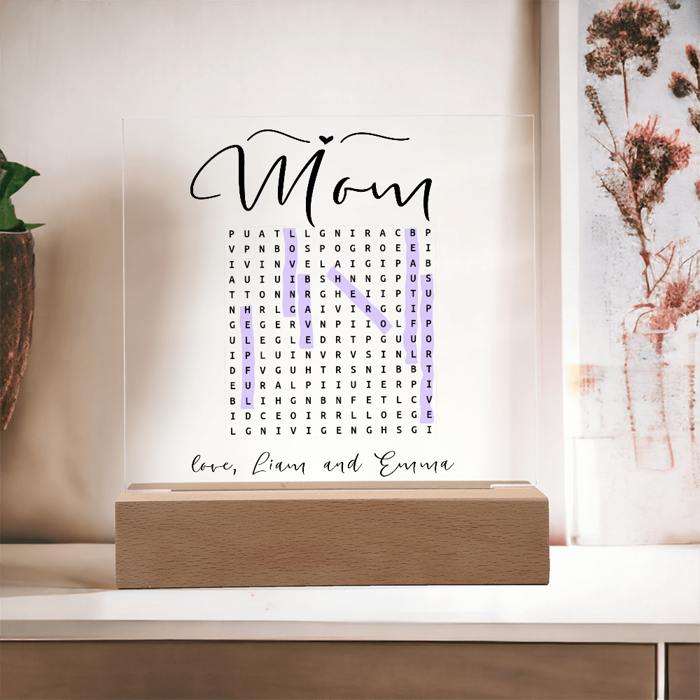 Personalized Mom Word Search LED Lamp – Custom Acrylic Light with Kids' Names – Unique Gift for Mother’s Day or Birthday