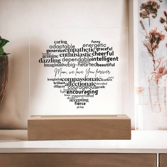 Personalized Mom Word Cloud Acrylic Plaque – Heart Shaped Gift with Loving Words, Mother's Day Gift, Mom Birthday Decor