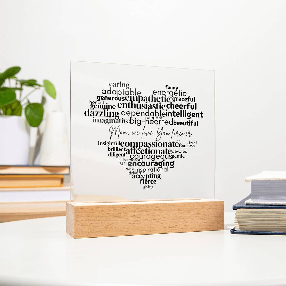 Personalized Mom Word Cloud Acrylic Plaque – Heart Shaped Gift with Loving Words, Mother's Day Gift, Mom Birthday Decor