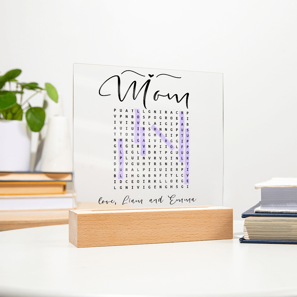Personalized Mom Word Search LED Lamp – Custom Acrylic Light with Kids' Names – Unique Gift for Mother’s Day or Birthday