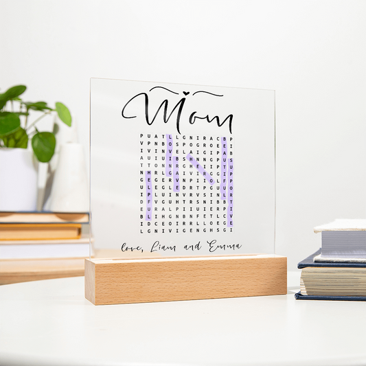 Personalized Mom Word Search LED Lamp – Custom Acrylic Light with Kids' Names – Unique Gift for Mother’s Day or Birthday