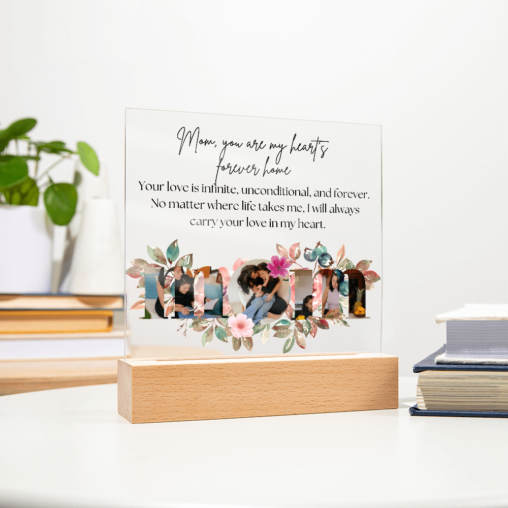 Personalized Mom Acrylic Plaque with Custom Photos | Floral Mother's Day Gift | Birthday Gift for Mom | LED Light Base Option