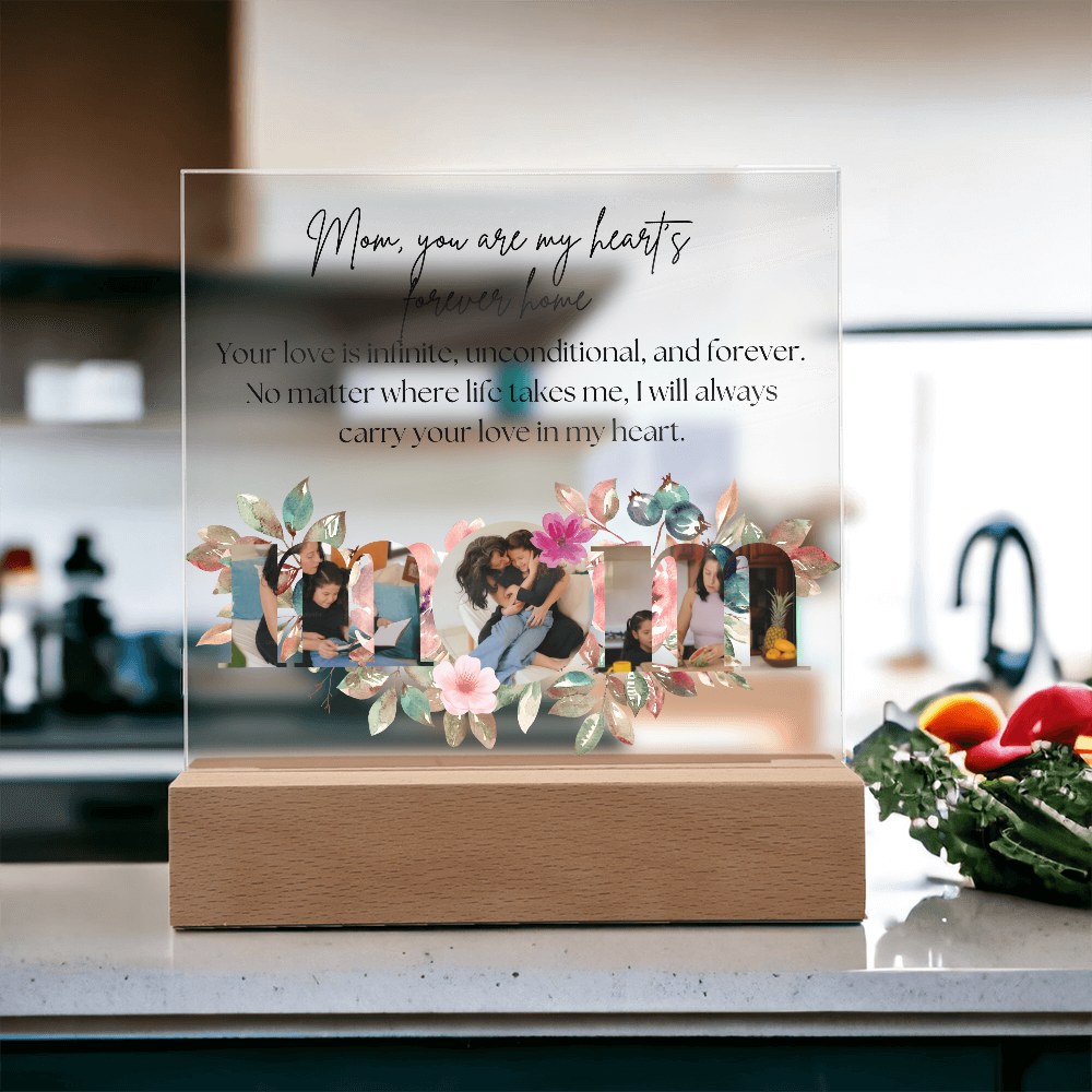 Personalized Mom Acrylic Plaque with Custom Photos | Floral Mother's Day Gift | Birthday Gift for Mom | LED Light Base Option