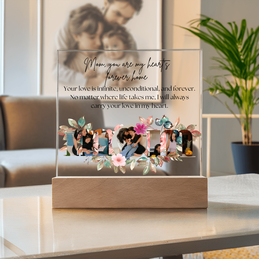Personalized Mom Acrylic Plaque with Custom Photos | Floral Mother's Day Gift | Birthday Gift for Mom | LED Light Base Option