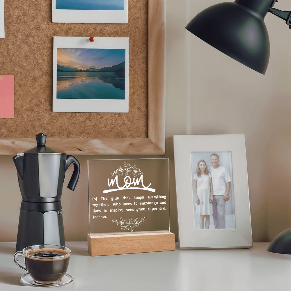 Personalized Mom Acrylic Plaque with Wooden Stand – Mother’s Day Gift, Mom Definition Sign, Superhero Quote, Inspirational Decor