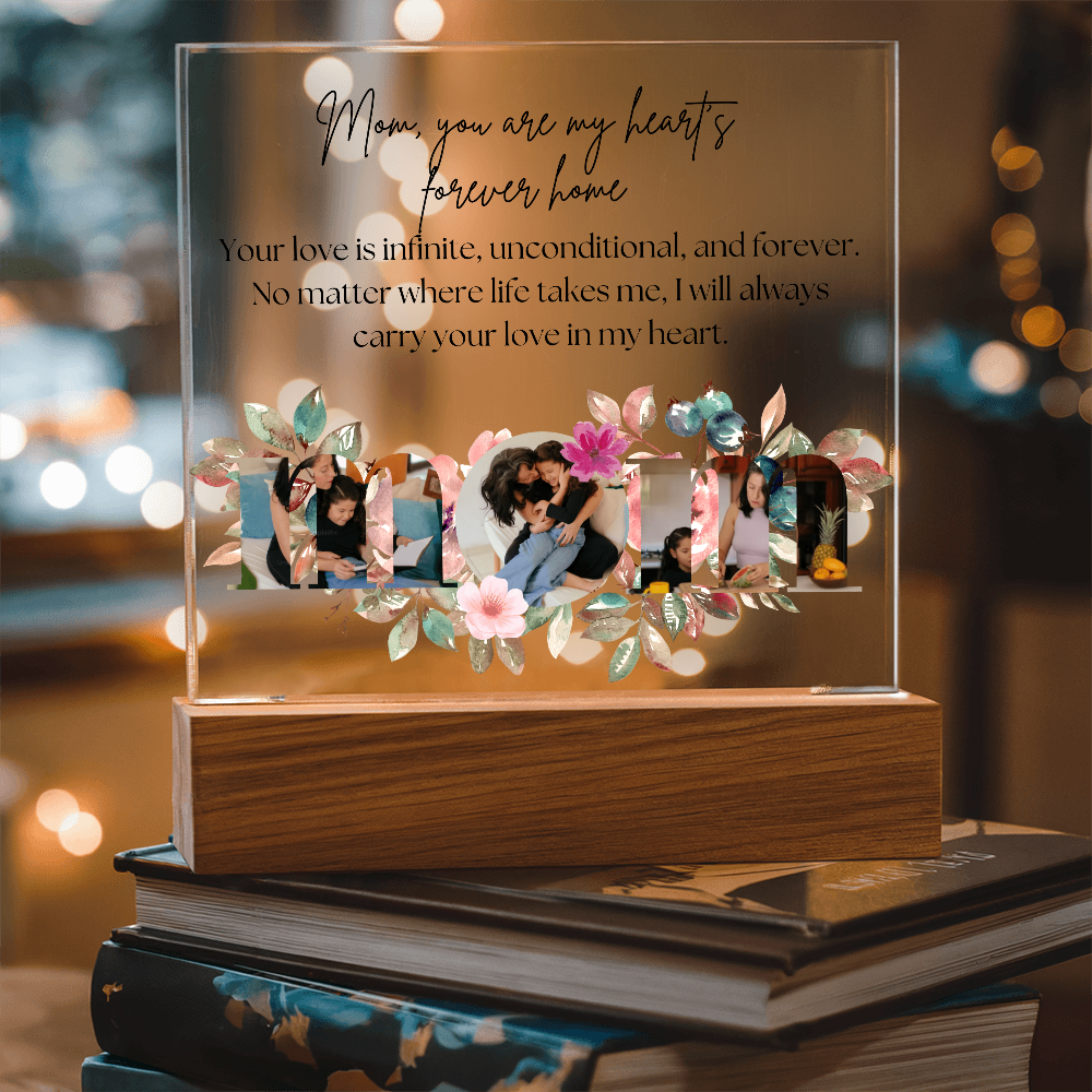 Personalized Mom Acrylic Plaque with Custom Photos | Floral Mother's Day Gift | Birthday Gift for Mom | LED Light Base Option
