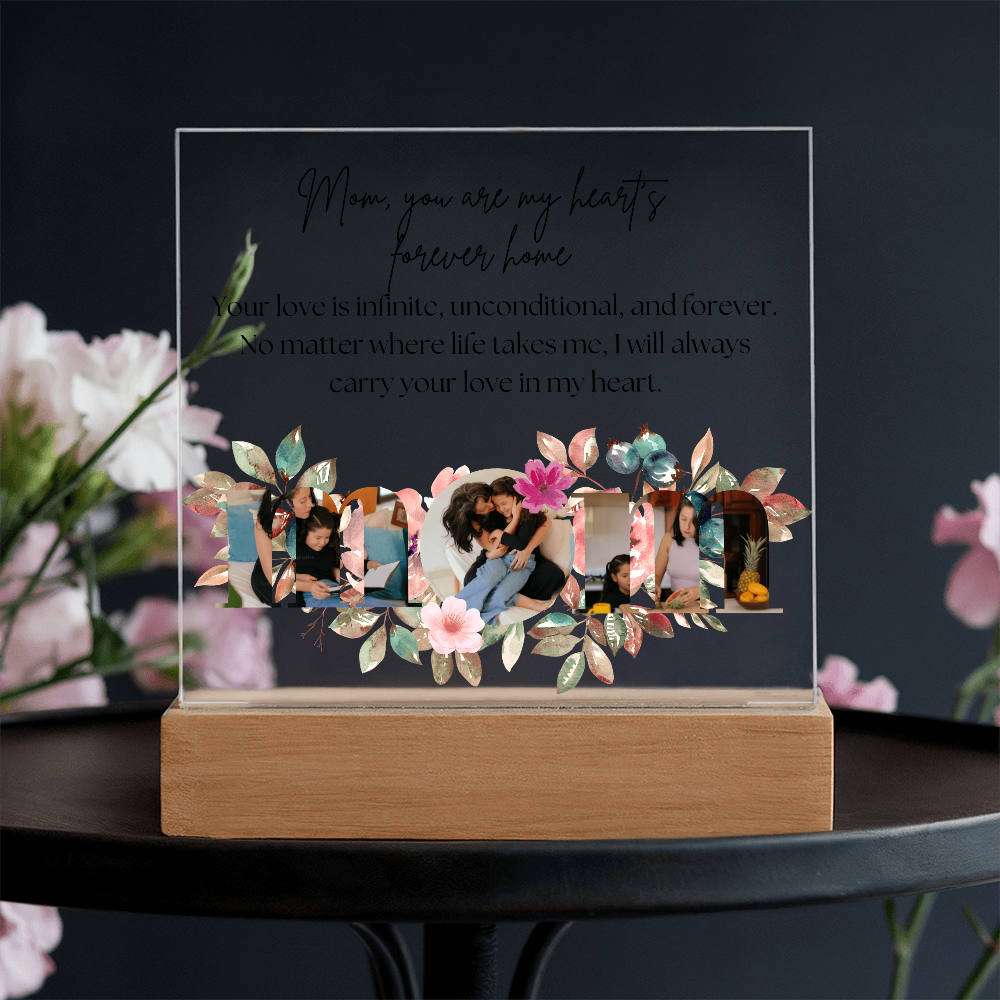 Personalized Mom Acrylic Plaque with Custom Photos | Floral Mother's Day Gift | Birthday Gift for Mom | LED Light Base Option