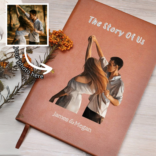 Personalized Couples Journal - Custom Leather Notebook with Photo & Names - The Story of Us Memory Book - Anniversary Gift for Him & Her